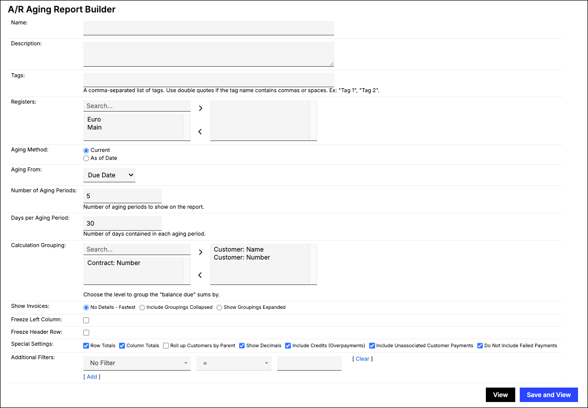A/R Aging Report Builder with aging method, aging basis, five aging periods of 30 days, calculation grouping and invoice-detail options