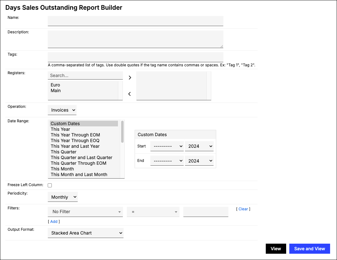Days Sales Outstanding Report Builder with Operation set to Invoices, a date range, monthly periodicity and output set to a stacked area chart