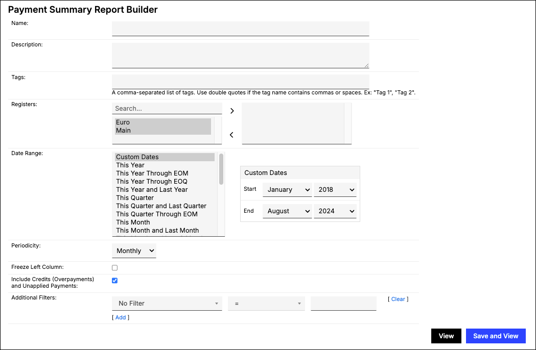 Payment Summary Report Builder with a registers picker, a custom date range, monthly periodicity and an option to include credits and unapplied payments