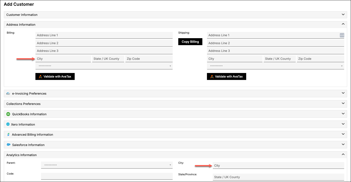 Add Customer form with the billing city and the separate Analytics Information city both arrowed, alongside a Validate with AvaTax control