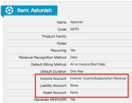 Item detail for Astonish with an income account set but the liability and asset accounts showing None
