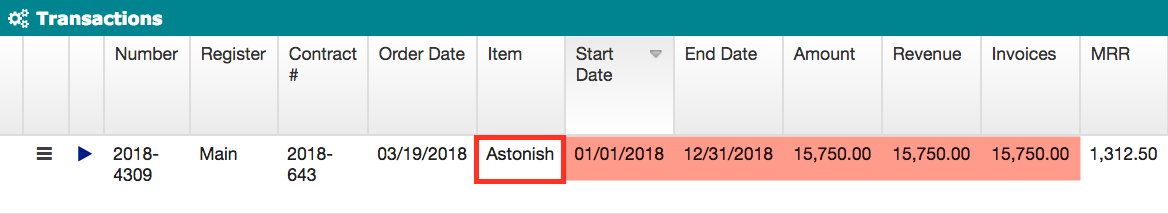 Transactions row for the Astonish item, with amount, revenue and invoices each 15,750.00 and MRR 1,312.50