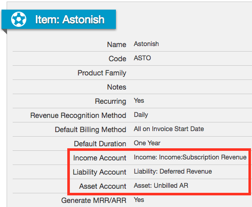 Item detail for Astonish after adding the liability and asset accounts alongside the income account