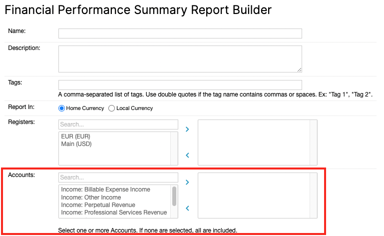 Financial Performance Summary Report Builder with the Accounts picker highlighted, noting that if no accounts are selected all are included