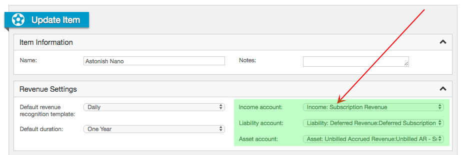 Update Item page for Astonish Nano with the income, liability and asset accounts all set