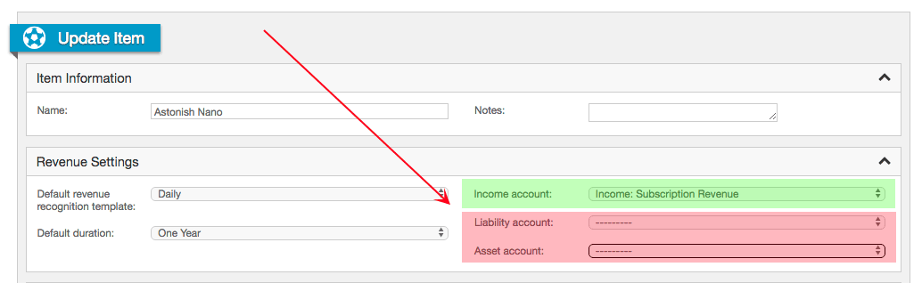Update Item page with only the income account set and the liability and asset accounts left blank