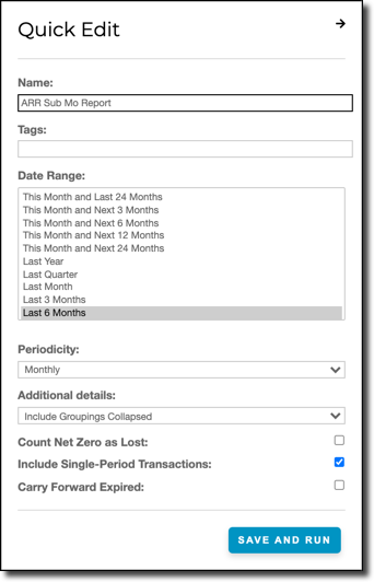 Quick Edit panel for a saved report, with Date Range set to Last 6 Months, Periodicity Monthly, and options to count net zero as lost or carry forward expired