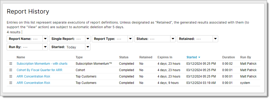 Report History page listing report runs with status, retention and duration, noting results are deleted after five days unless retained