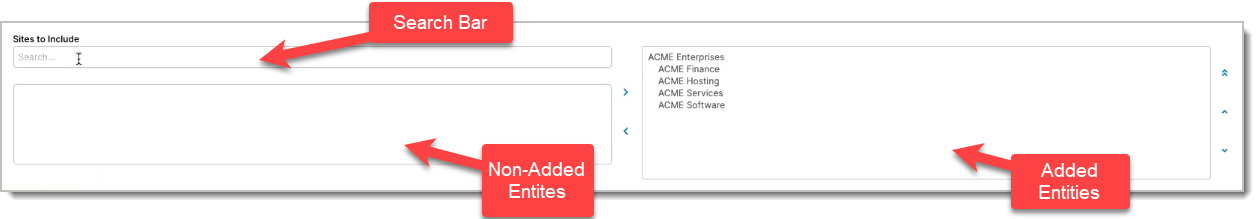Sites to Include picker with a parent entity and its four child sites moved into the added list