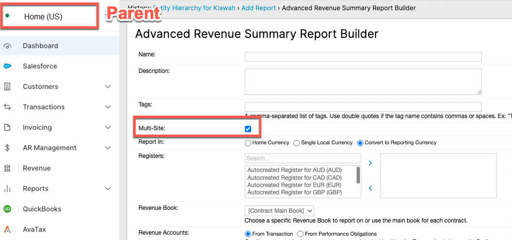 Parent site selected in the navigation, with the report builder's Multi-Site checkbox ticked and reporting currency conversion enabled