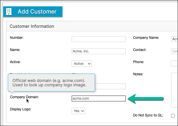 Add Customer form with the Company Domain field arrowed and a tooltip explaining it is used to look up the company logo