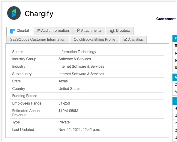 Customer record on its Clearbit tab, listing sector, industry, state, country, employees range, estimated annual revenue and last updated date