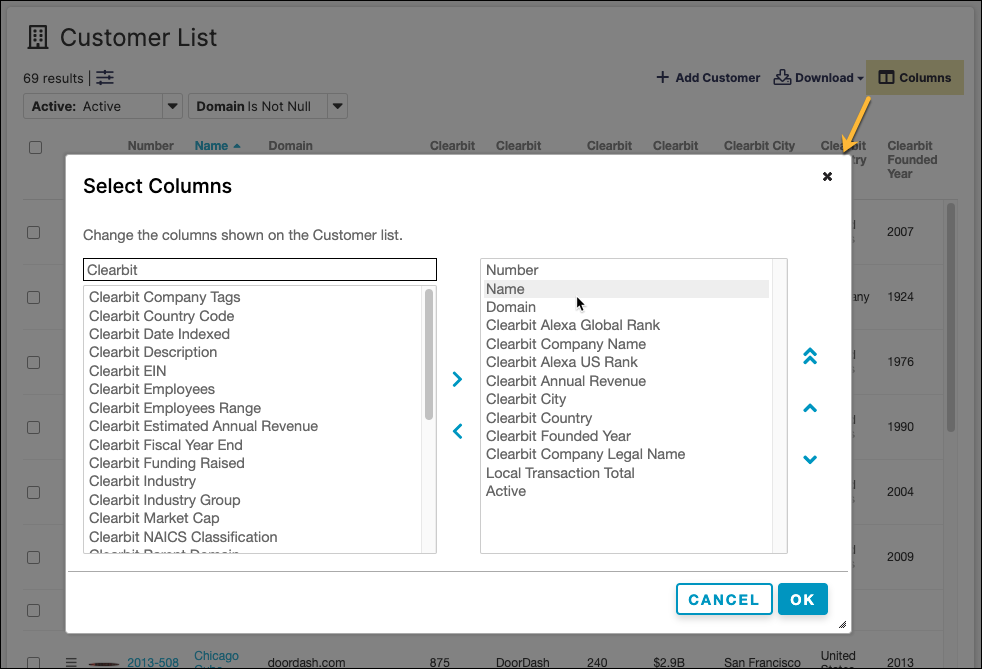 Select Columns dialog filtered to Clearbit, offering columns such as industry, employees range, estimated annual revenue and founded year