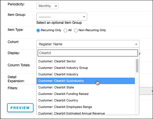 Cohort dropdown filtered to Clearbit, offering sector, industry group, industry, subindustry, state, funding raised and employees range