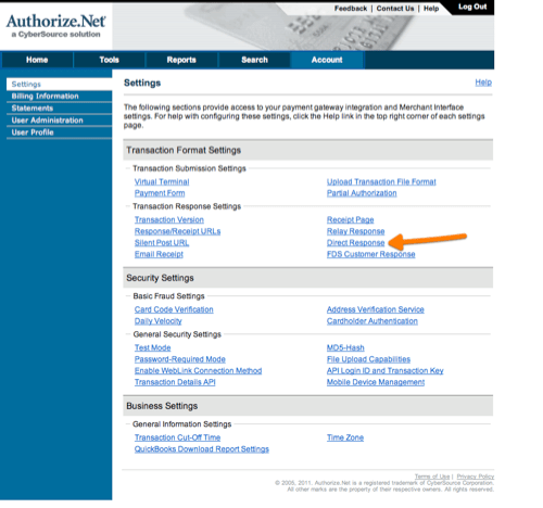 Authorize.Net Settings page with Direct Response arrowed under Transaction Response Settings