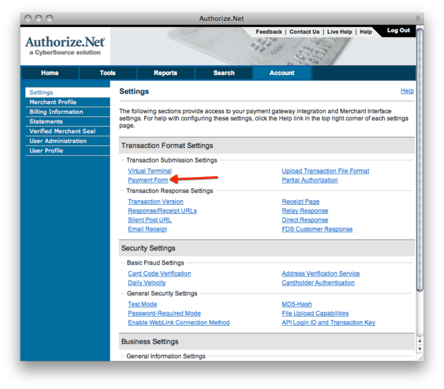 Authorize.Net Settings page with Payment Form arrowed under Transaction Submission Settings