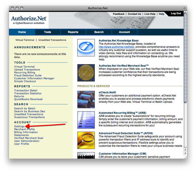 Authorize.Net home page with Settings arrowed in the Account sidebar