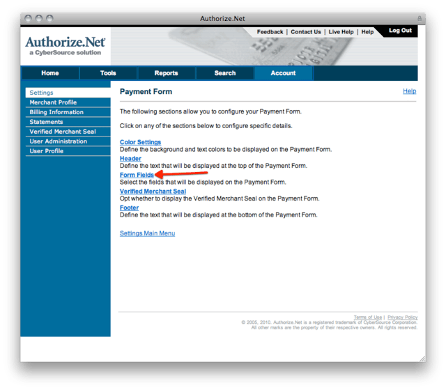 Authorize.Net Payment Form configuration page with Form Fields arrowed
