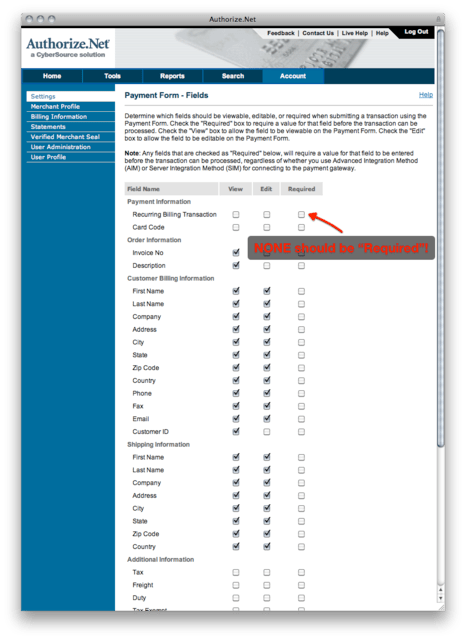 Authorize.Net Payment Form Fields grid with View, Edit and Required checkboxes, annotated that none should be marked Required