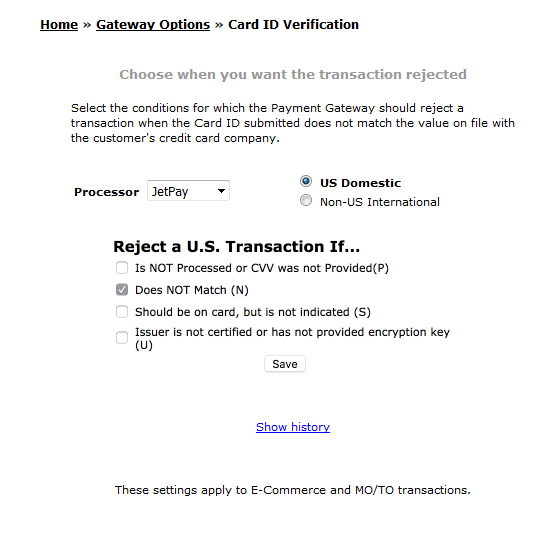 NMI Card ID Verification settings choosing when to reject a transaction, with four mismatch conditions and Does NOT Match selected