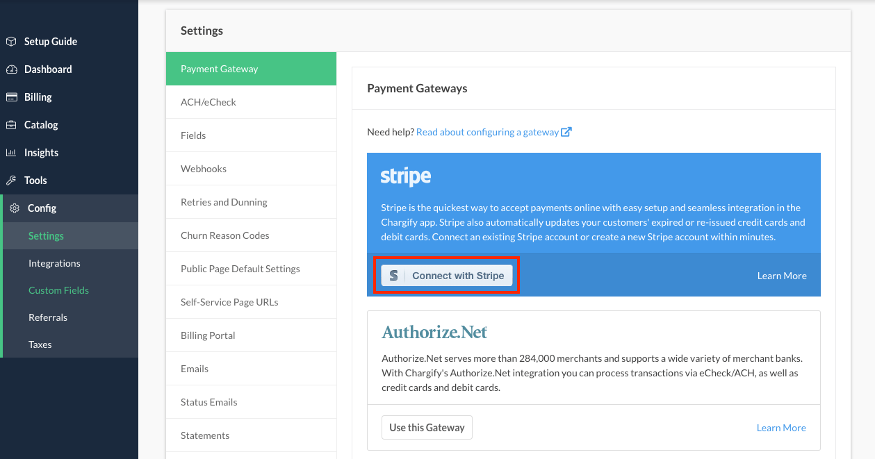 Payment Gateways settings offering Stripe with a Connect button and Authorize.Net with a Use this Gateway button