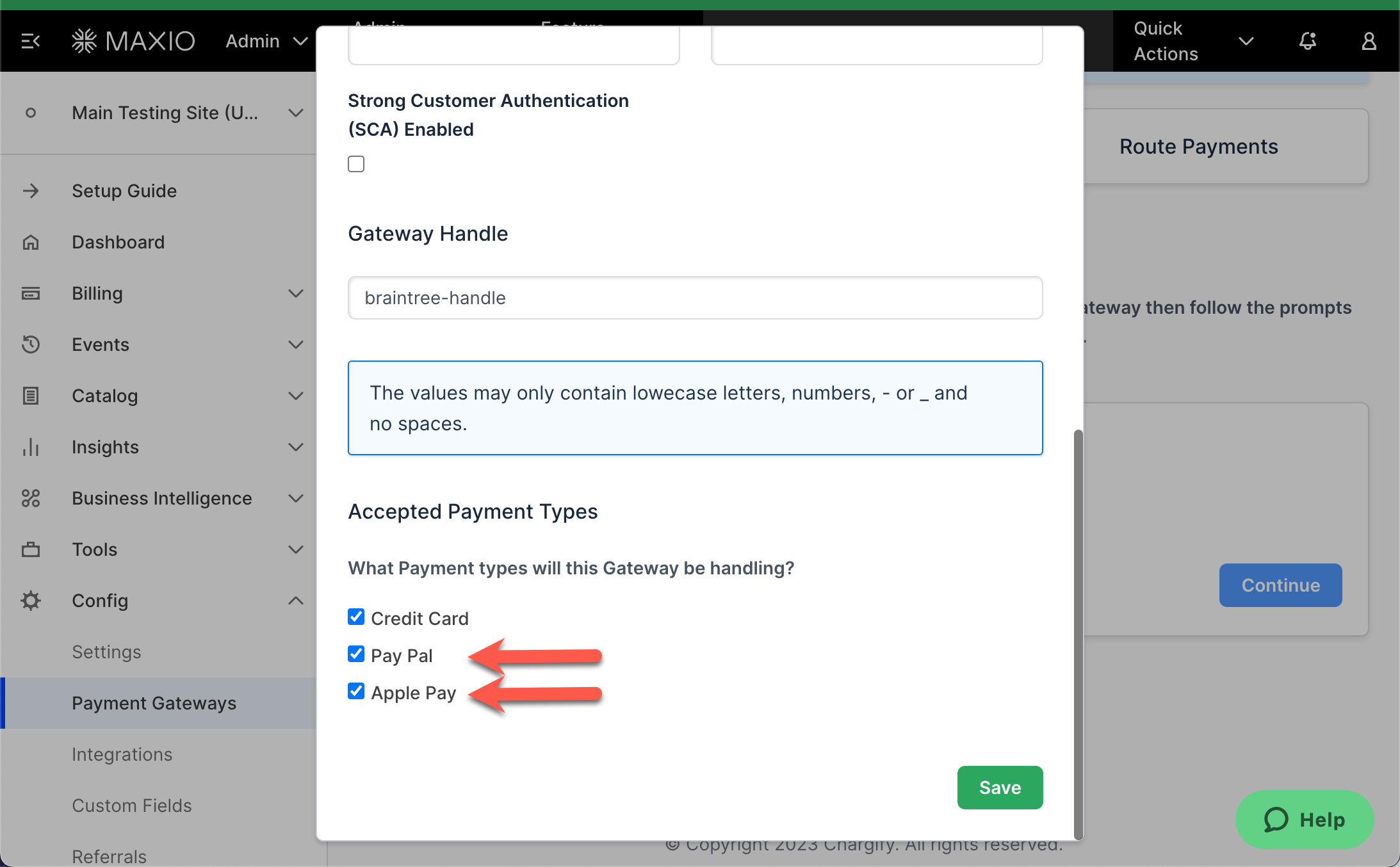 Connect gateway dialog with a Gateway Handle field and Accepted Payment Types, with PayPal and Apple Pay ticked