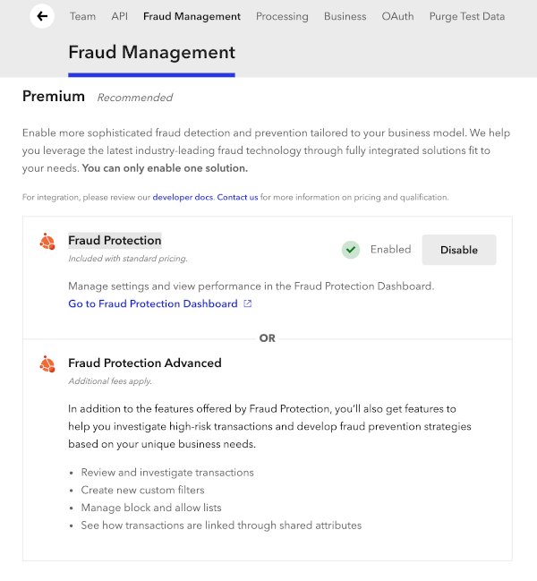 Braintree Fraud Management page offering Fraud Protection or Fraud Protection Advanced, noting only one solution can be enabled