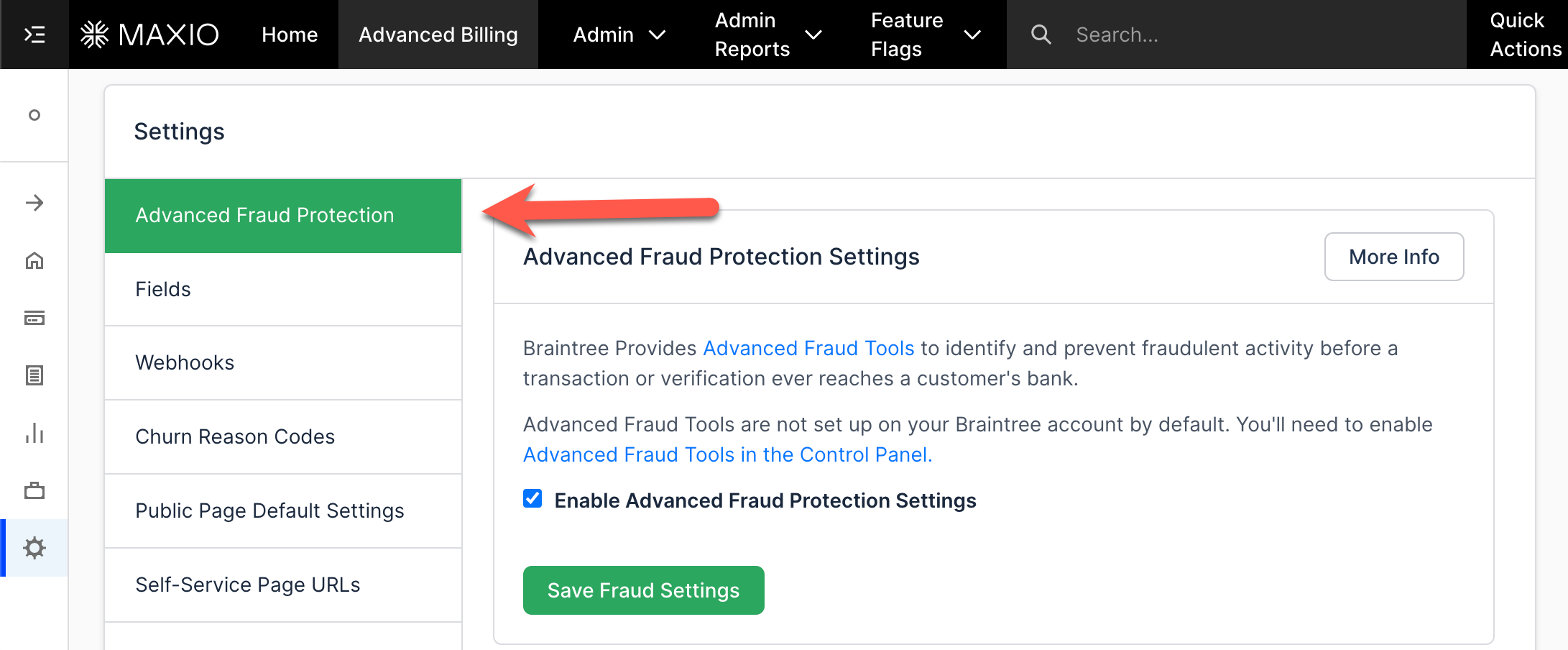 Maxio settings with Advanced Fraud Protection selected, noting the tools are not enabled on Braintree accounts by default