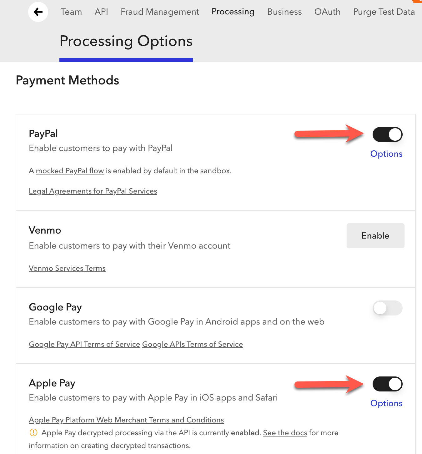 Braintree Processing Options listing PayPal enabled, noting a mocked PayPal flow is on by default in the sandbox, beside Venmo and Google Pay