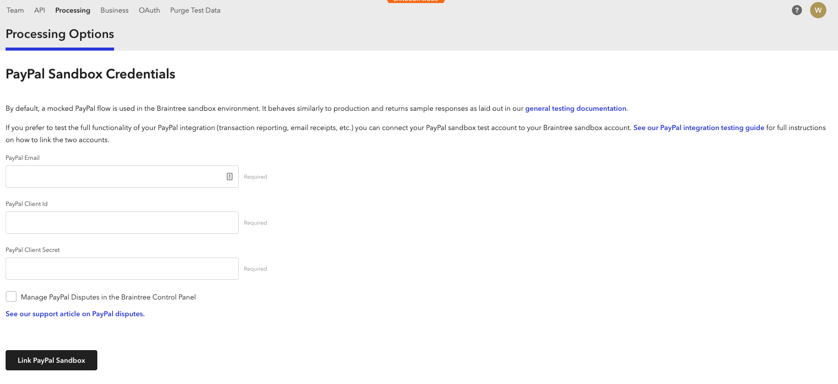 Braintree PayPal Sandbox Credentials form with email, client ID and client secret fields and a Link PayPal Sandbox button