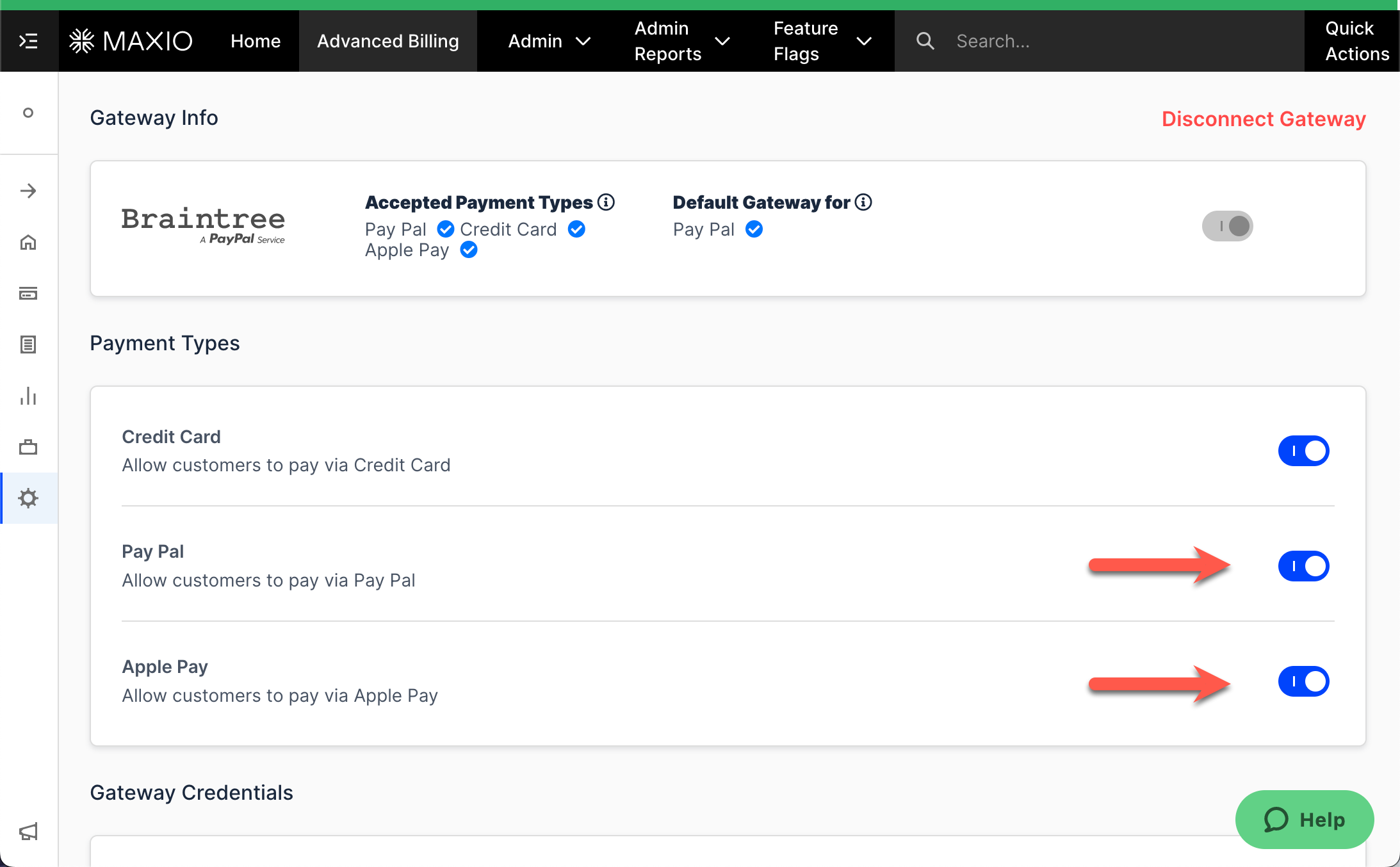 Connected Braintree gateway with per-type toggles for Credit Card, PayPal and Apple Pay above a credentials section