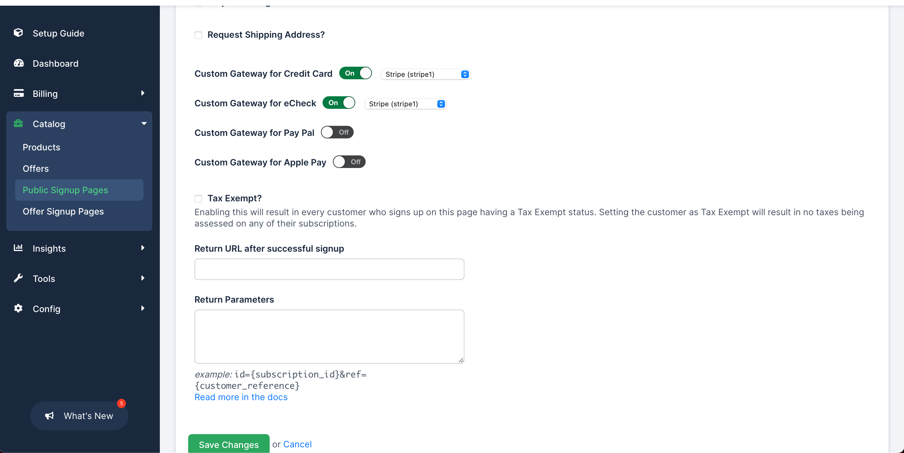 Public Signup Page settings with per-method custom gateway toggles, a tax-exempt option and return URL and parameter fields