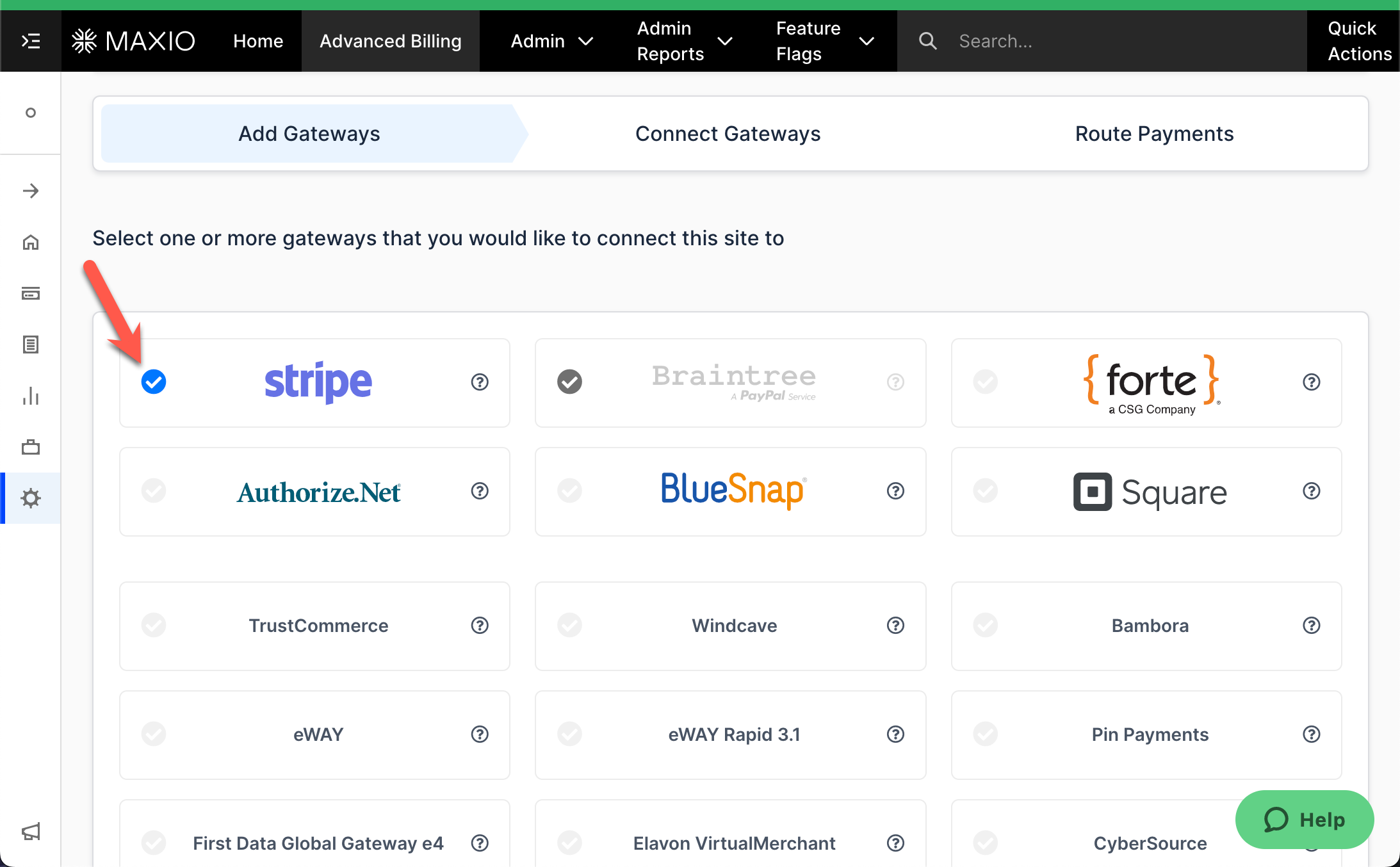 Gateway picker offering Stripe, Braintree, Forte, Authorize.Net, BlueSnap, Square, Windcave, Bambora, eWAY, CyberSource and others, with Stripe selected