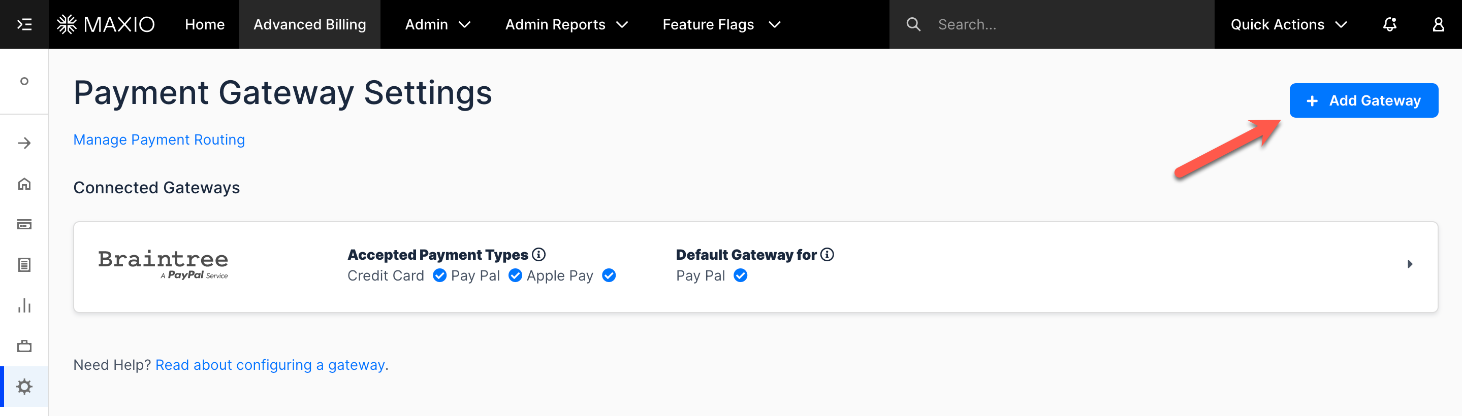 Payment Gateway Settings with a connected Braintree gateway and the Add Gateway button arrowed