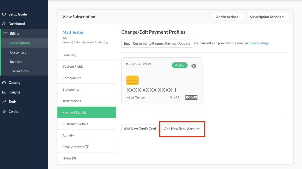 Change/Edit Payment Profiles panel with Add New Bank Account highlighted