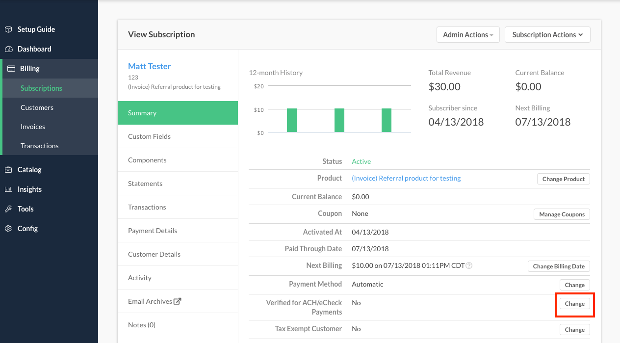 Subscription summary with a Change control highlighted on the Verified for ACH/eCheck Payments row