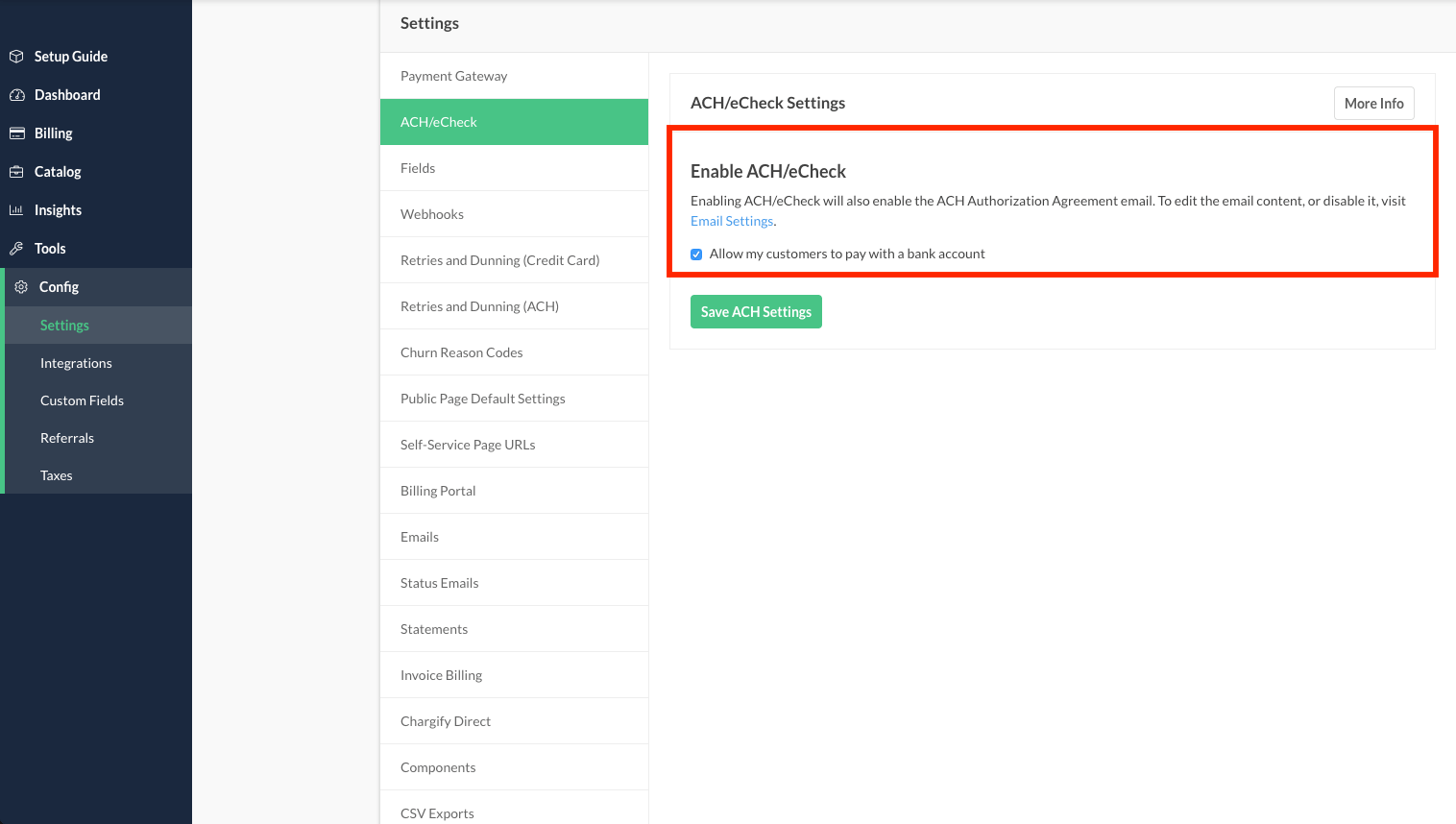ACH/eCheck settings with Enable ACH/eCheck highlighted, noting that enabling it also creates the ACH Authorization Agreement email