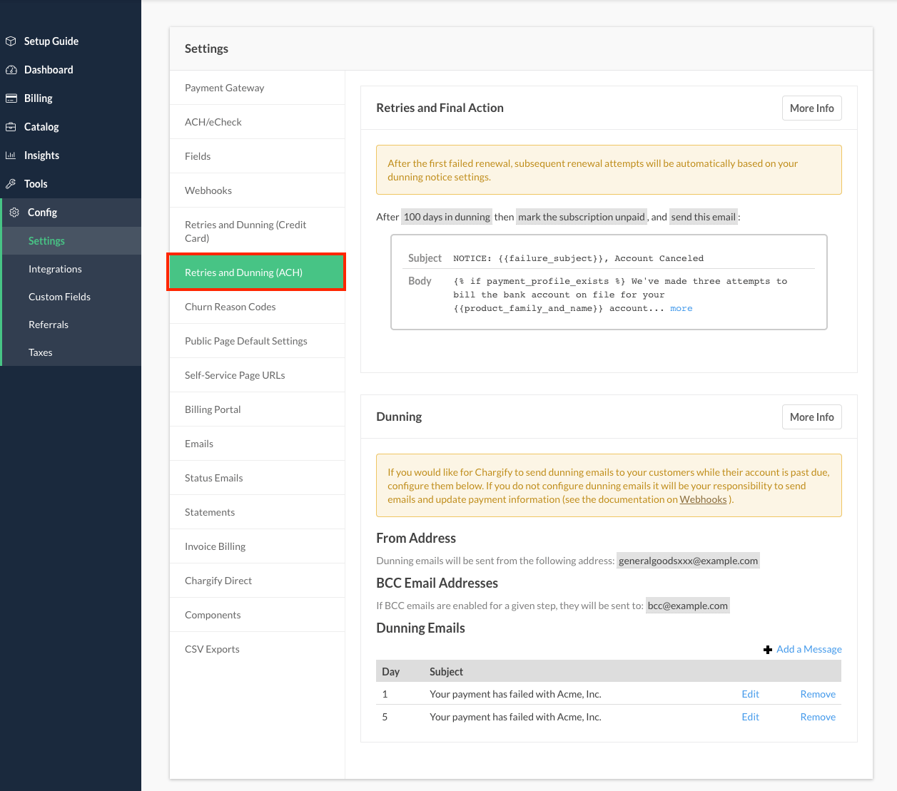 Site settings with Retries and Dunning for ACH highlighted, beside a dunning threshold, final action and email template