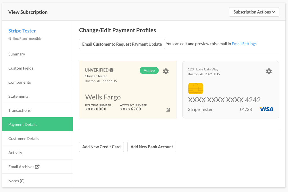Change/Edit Payment Profiles panel showing an unverified Wells Fargo bank account beside an active card profile