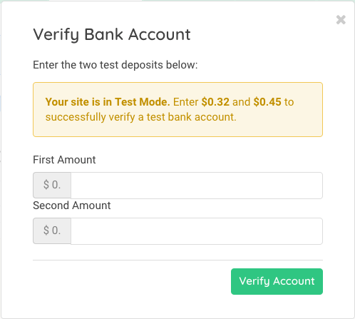 Verify Bank Account dialog with a test-mode banner giving the two amounts that verify a test bank account