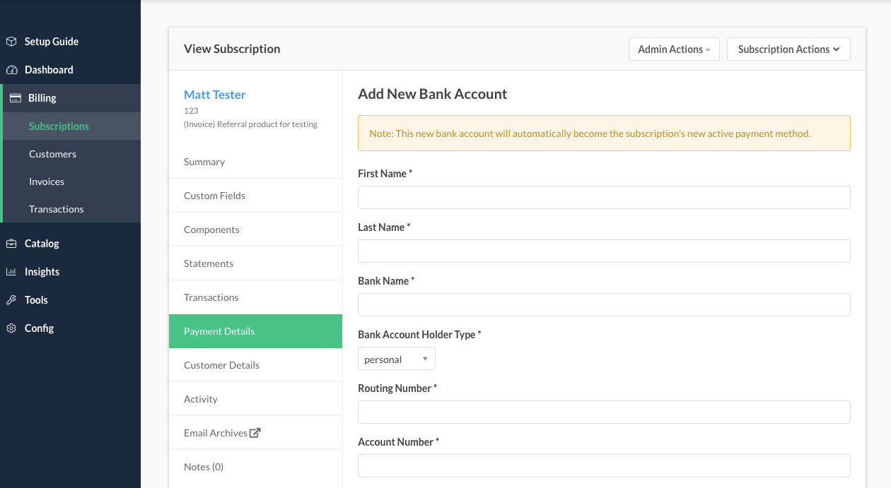 Add New Bank Account form with name, bank, holder type, routing and account number fields, noting it becomes the active payment method