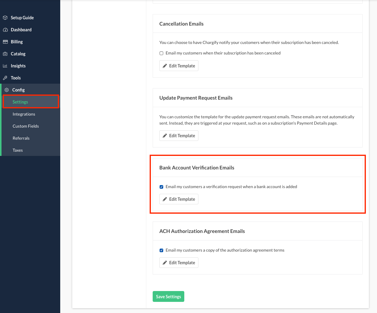 Email settings with Bank Account Verification Emails highlighted among the cancellation, payment request and authorization agreement sections
