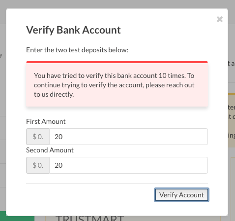 Verify Bank Account dialog warning that the account has been tried ten times and support must be contacted