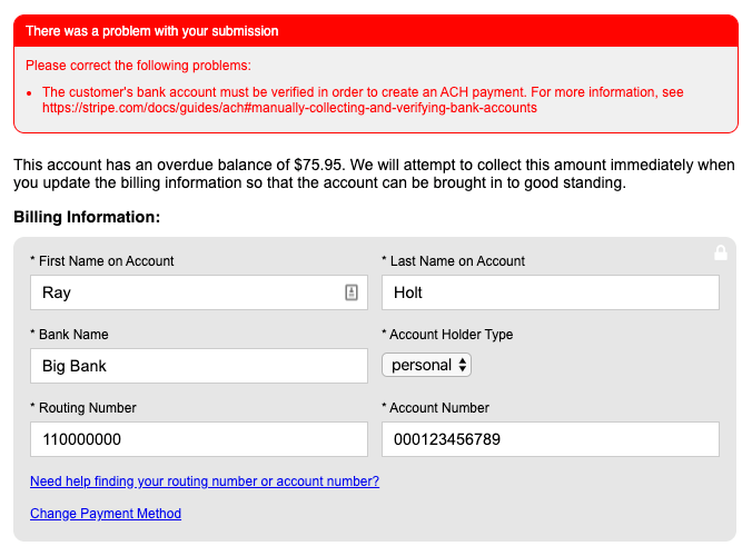 Error stating the customer's bank account must be verified before an ACH payment can be created, above an overdue billing form