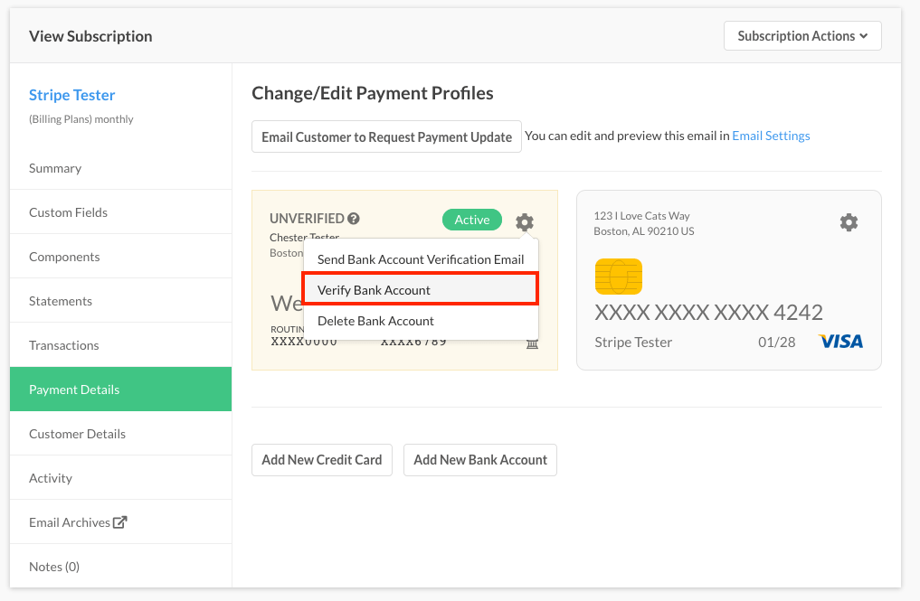 Payment profile gear menu with Verify Bank Account highlighted