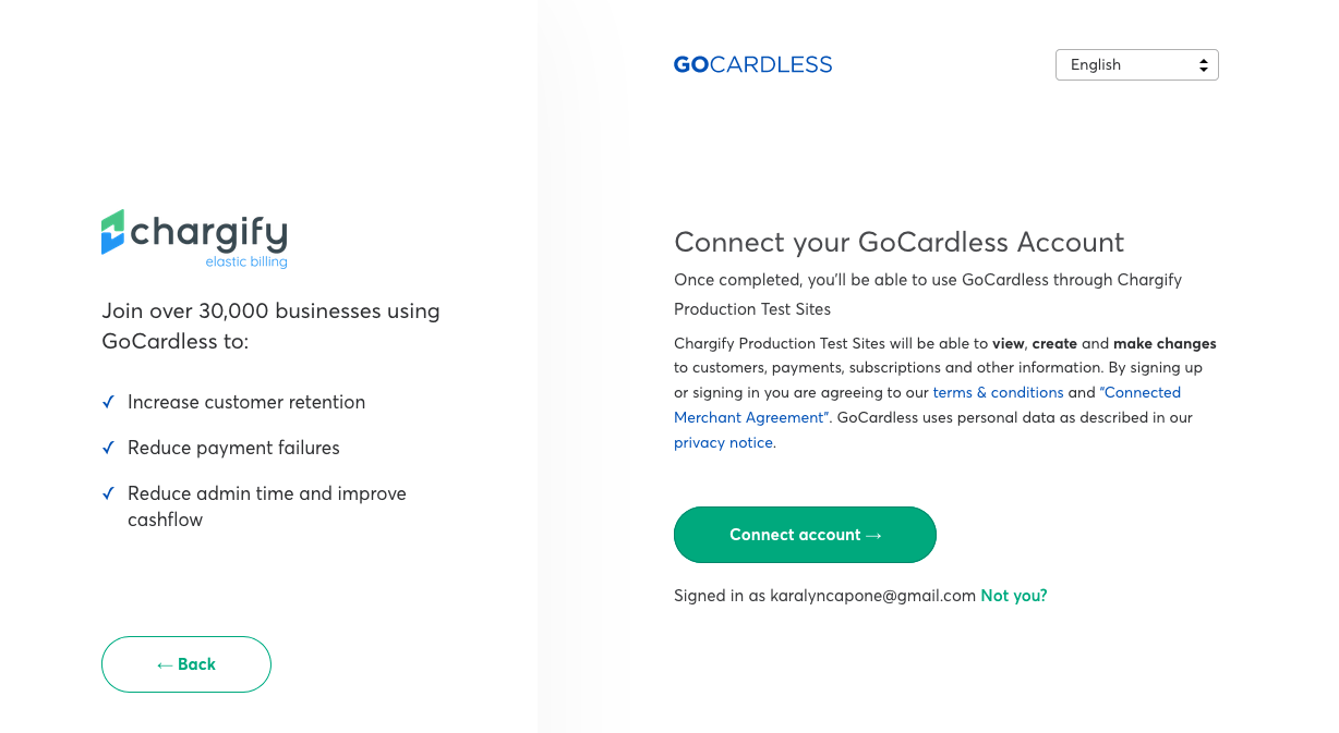 GoCardless authorization page listing the permissions granted on connection, with a Connect account button