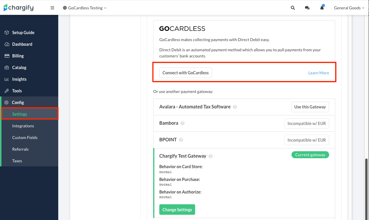 Gateway settings with Connect with GoCardless highlighted among the other gateway options