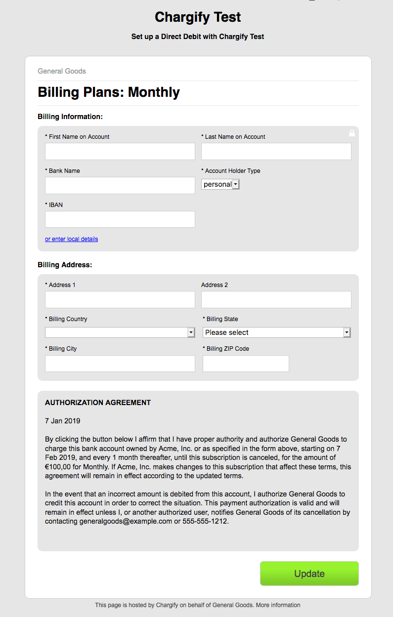 Self-Service Page where an existing subscriber enters a new bank account for GoCardless