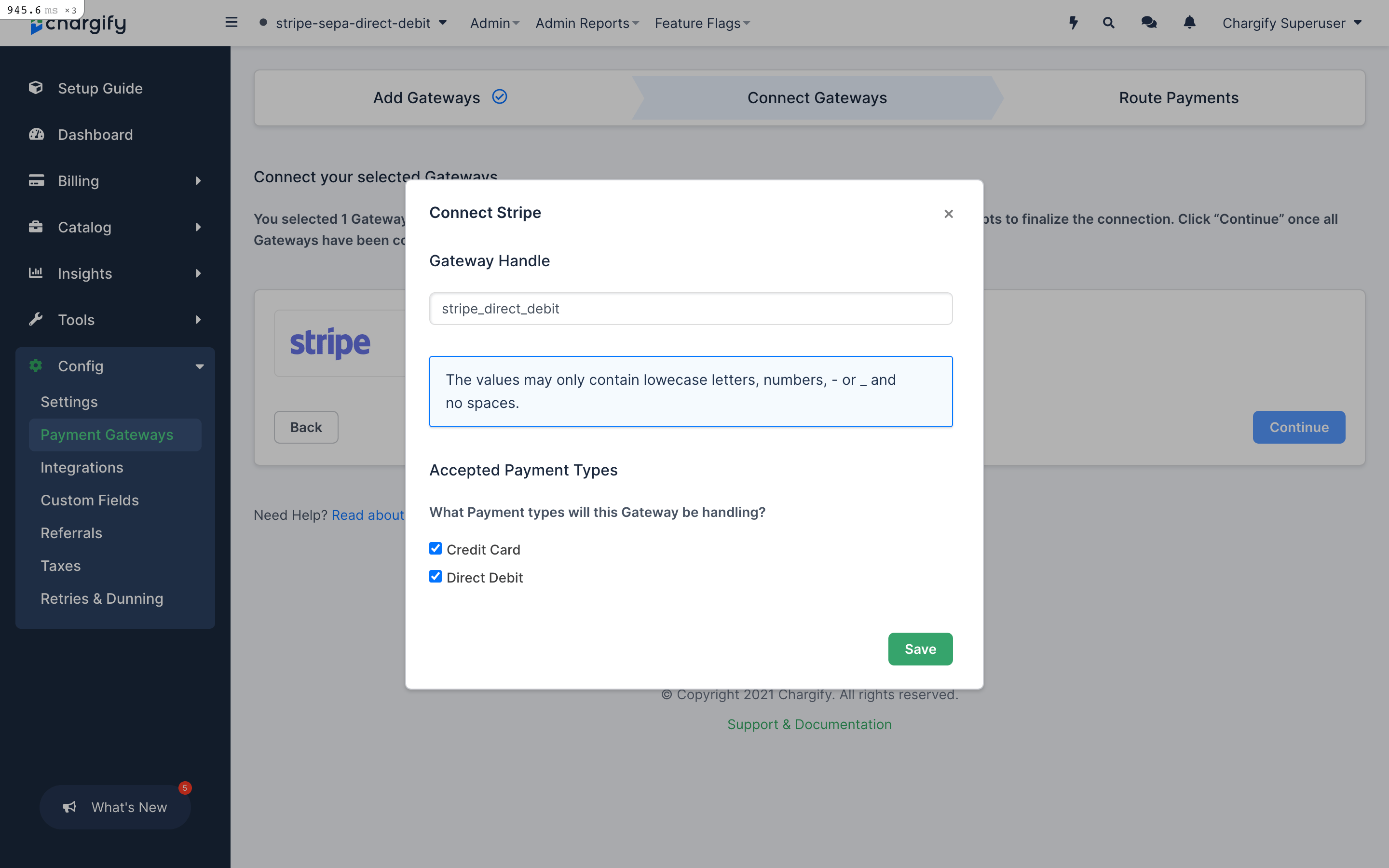 Connect Stripe dialog with a Gateway Handle field, restricted to lowercase letters, numbers, hyphens and underscores, and Accepted Payment Types