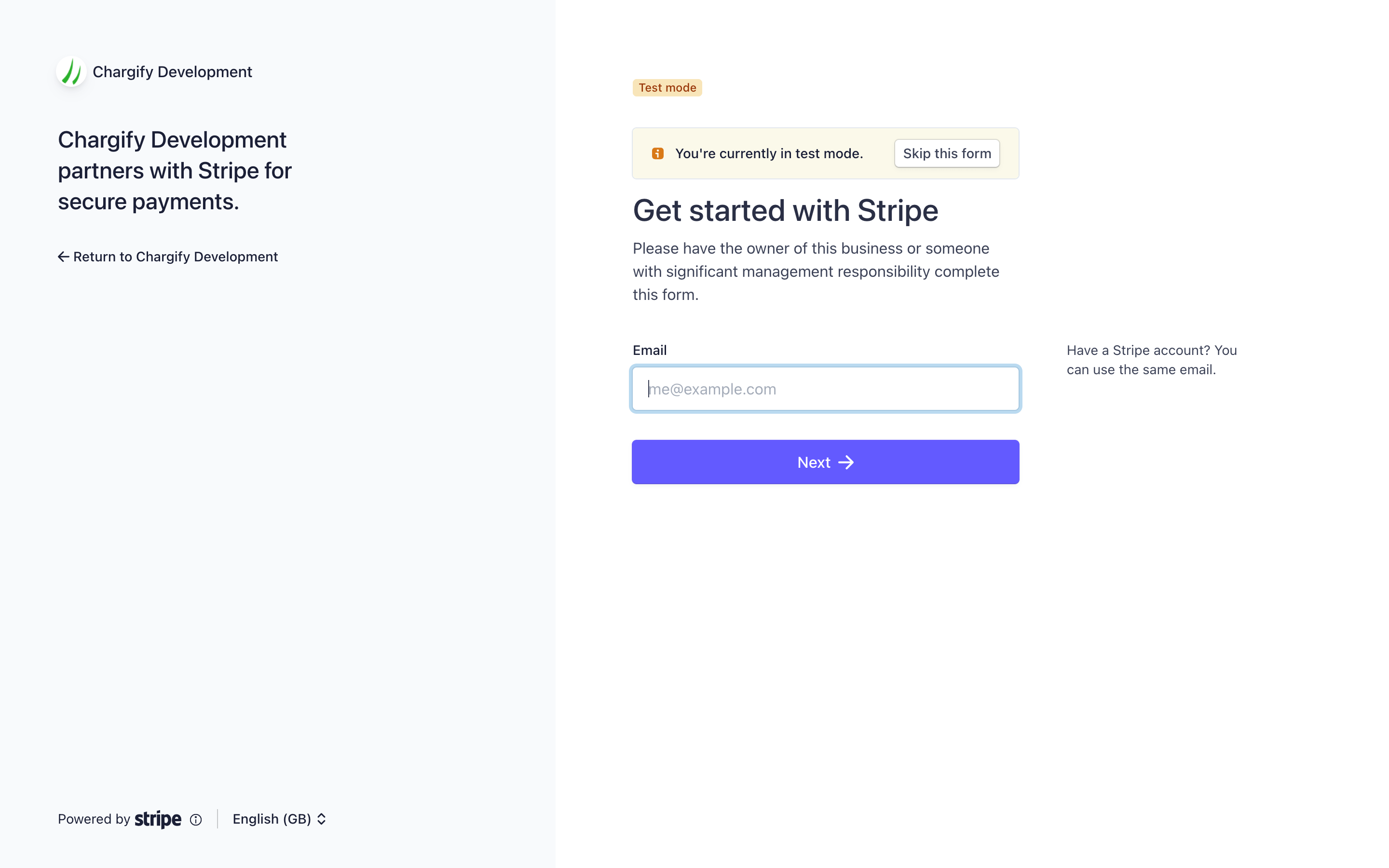 Stripe's own onboarding page in test mode, offering to skip the form